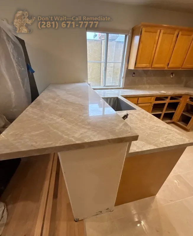 New stone countertop installed on the kitchen peninsula