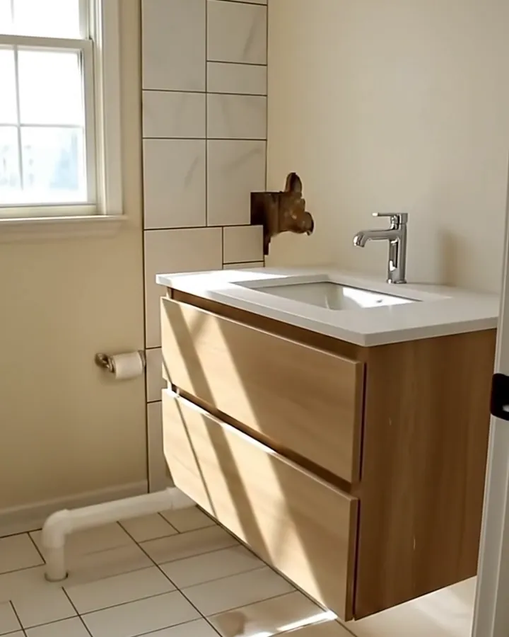 Illustration: a finished bathroom with white tile walls and a wood vanity