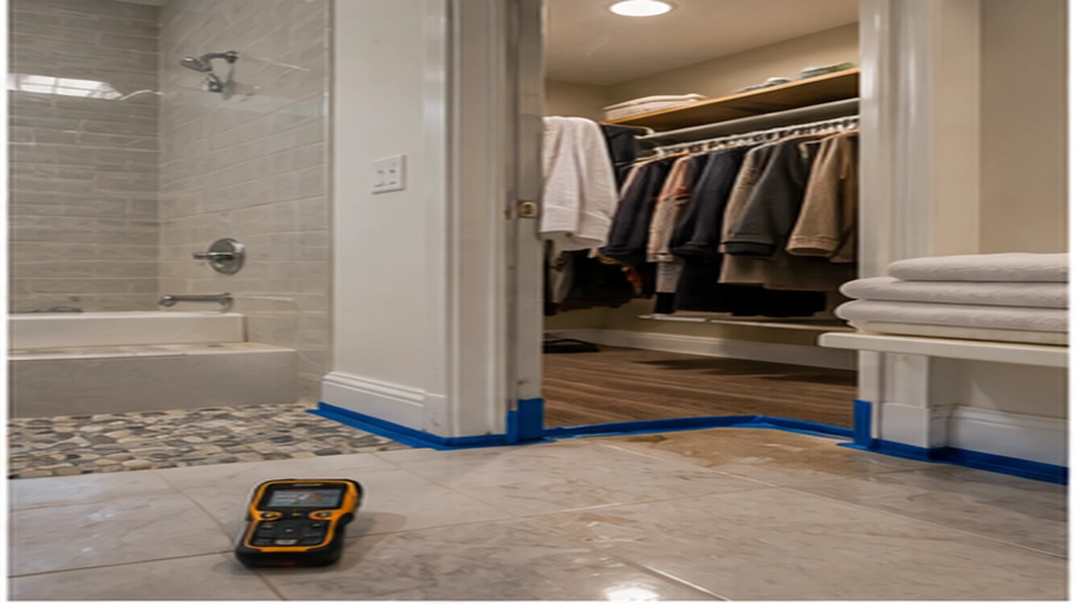 Allen water damage restoration with extraction hose, air mover, dehumidifier, and moisture meter in a local interior