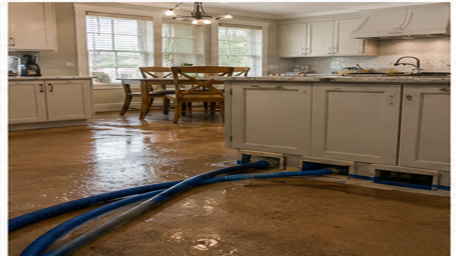 Carrollton water damage restoration with extraction hose, air mover, dehumidifier, and moisture meter in a local interior