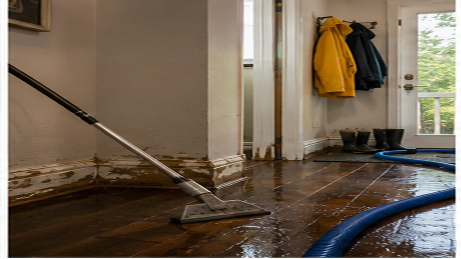 Denton water damage restoration with extraction hose, air mover, dehumidifier, and moisture meter in a local interior