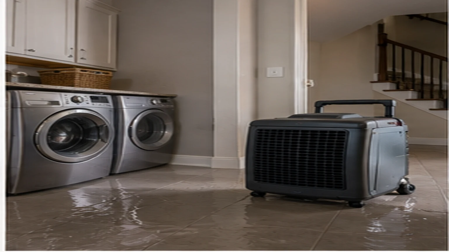 Frisco water damage restoration with extraction hose, air mover, dehumidifier, and moisture meter in a local interior