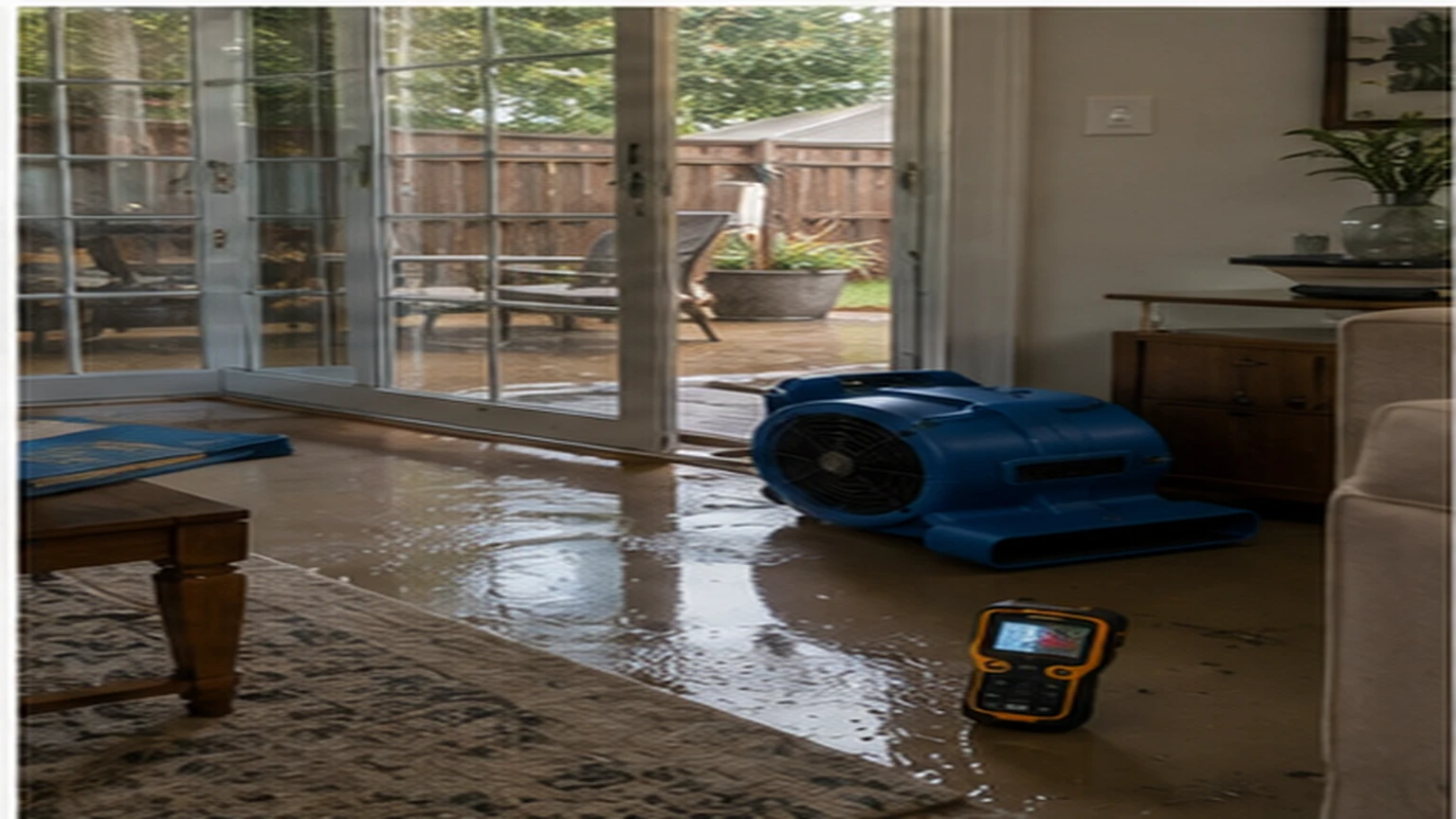 Grand Prairie water damage restoration with extraction hose, air mover, dehumidifier, and moisture meter in a local interior