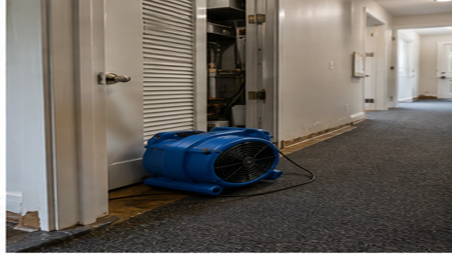 Irving water damage restoration with extraction hose, air mover, dehumidifier, and moisture meter in a local interior