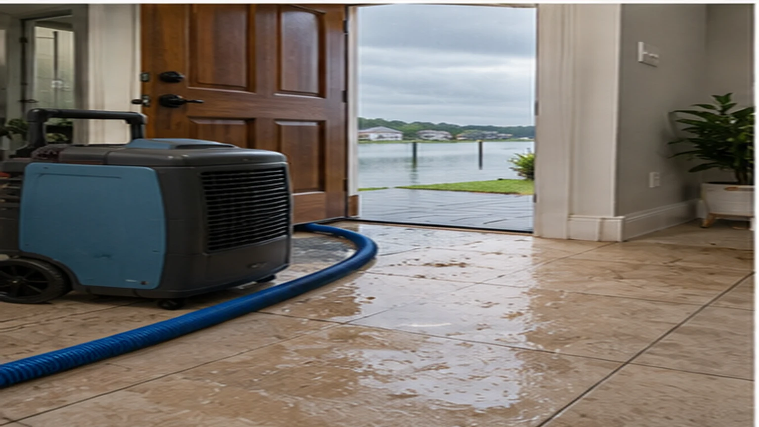 Lewisville water damage restoration with extraction hose, air mover, dehumidifier, and moisture meter in a local interior