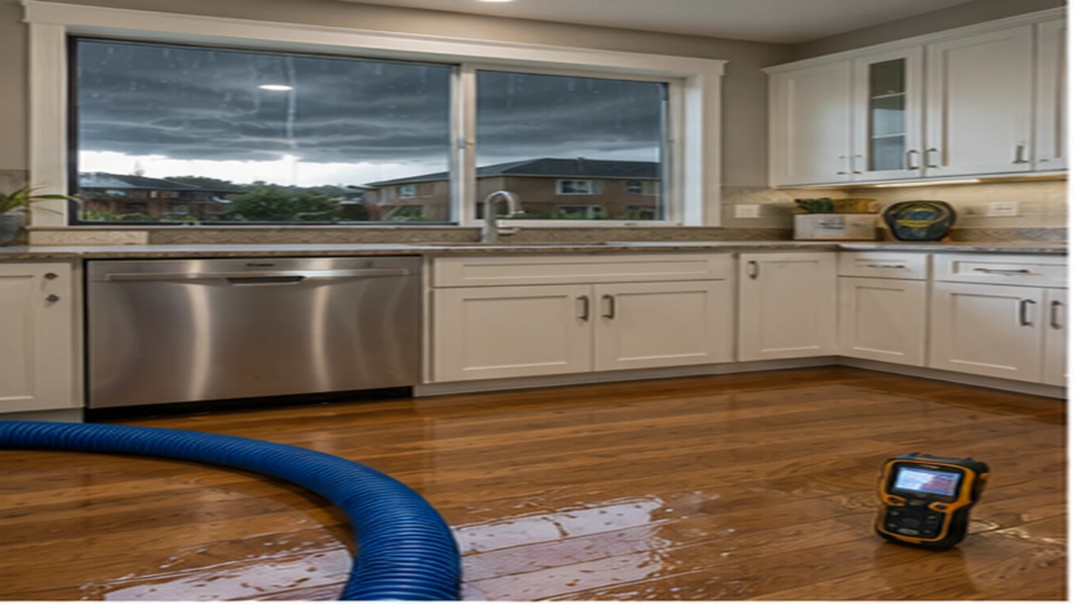 McKinney water damage restoration with extraction hose, air mover, dehumidifier, and moisture meter in a local interior
