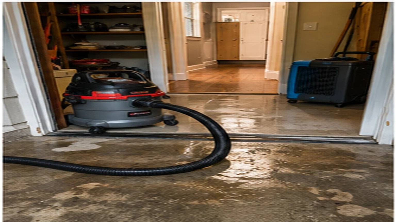 Mesquite water damage restoration with extraction hose, air mover, dehumidifier, and moisture meter in a local interior