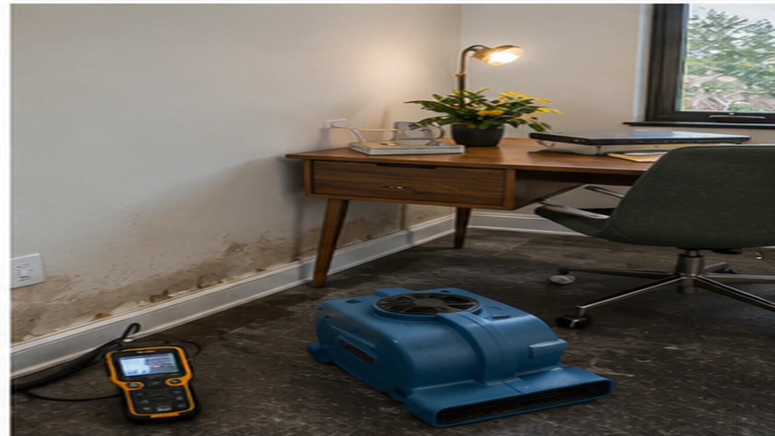 Richardson water damage restoration with extraction hose, air mover, dehumidifier, and moisture meter in a local interior