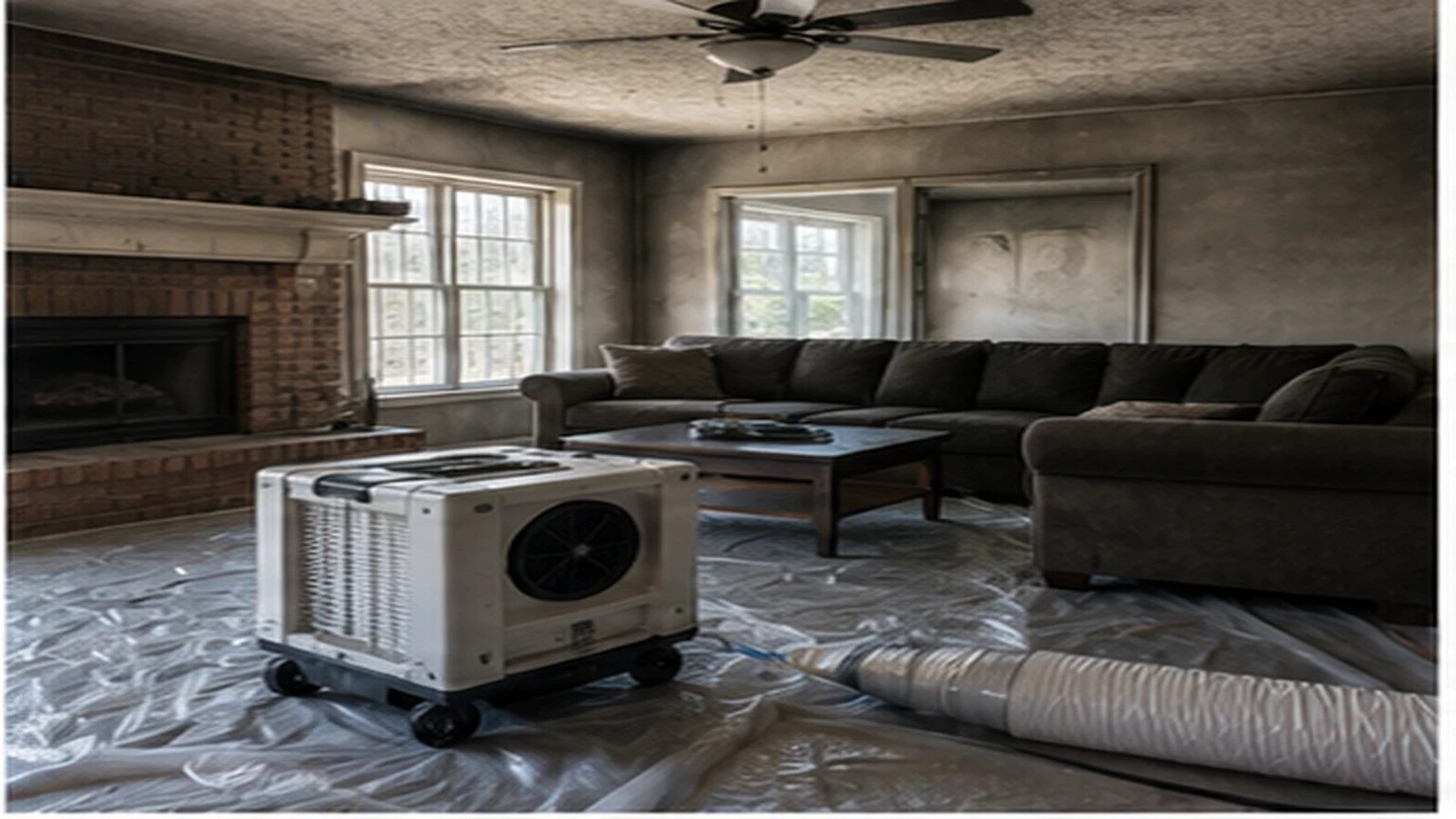 Frisco fire damage restoration planning scene with restoration equipment and protected materials