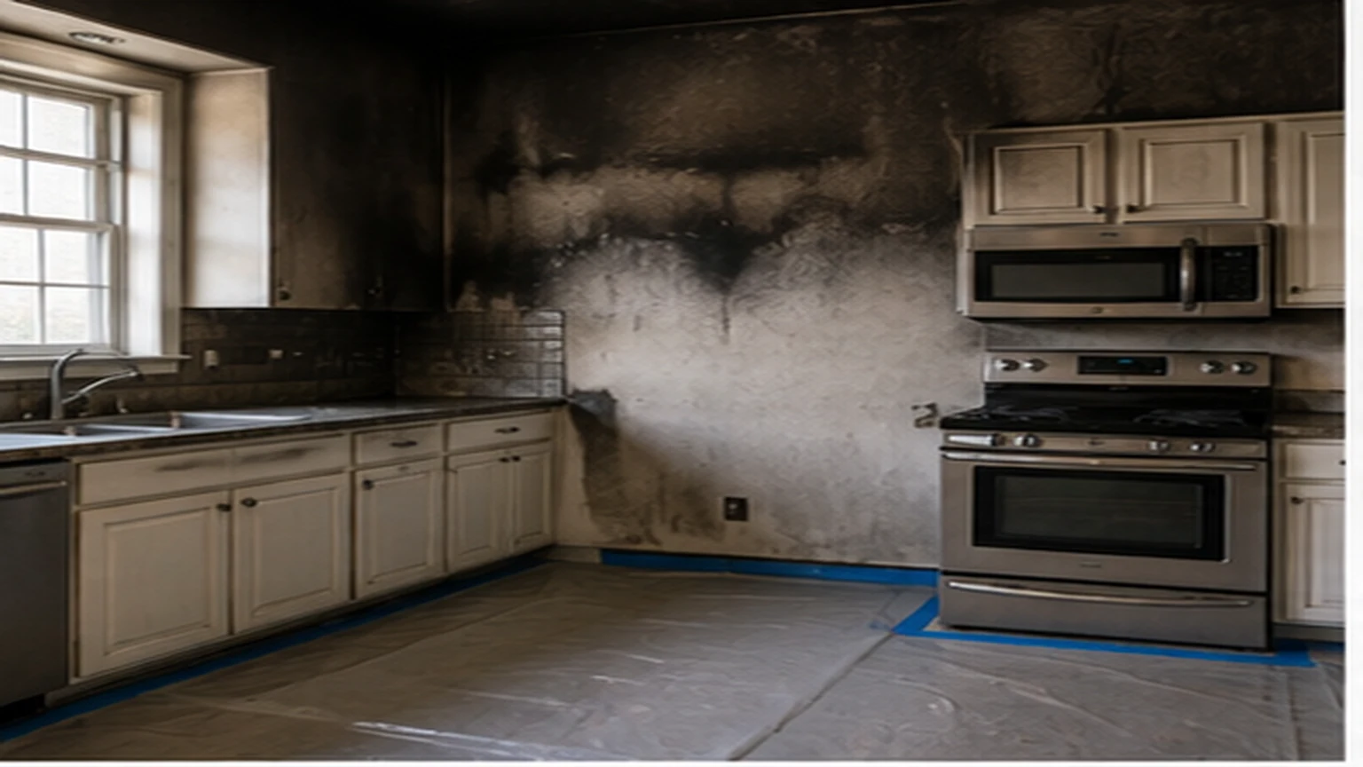 McKinney fire damage restoration planning scene with restoration equipment and protected materials