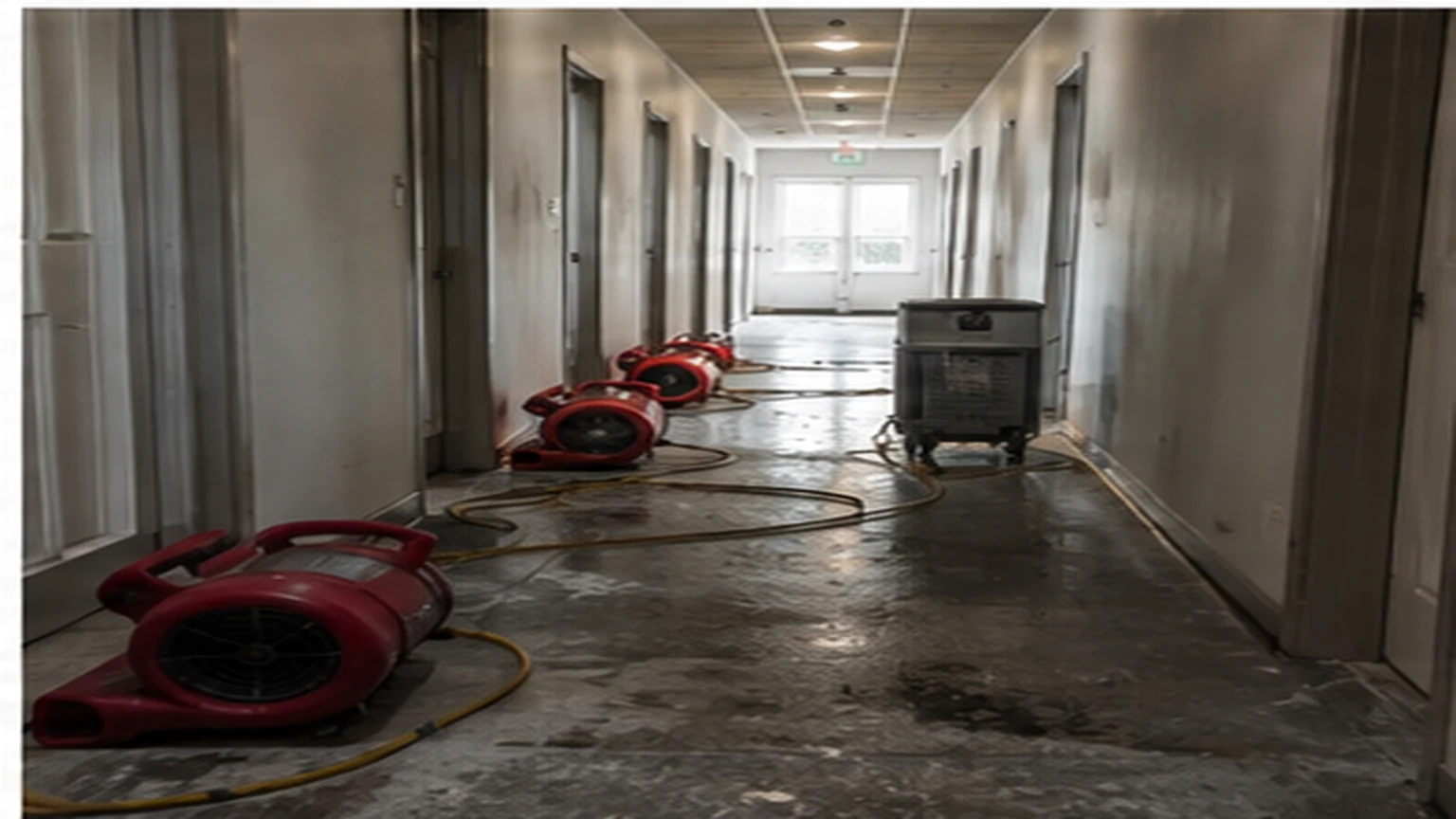 Mesquite fire damage restoration planning scene with restoration equipment and protected materials