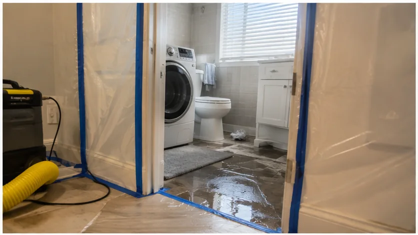 Sewage cleanup containment scene for Dallas property restoration planning