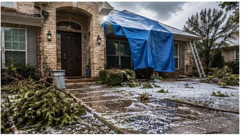 Storm damage stabilization scene for a Dallas brick home after hail and wind