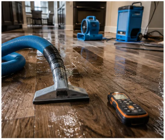 Water extraction equipment and moisture meter on a wet Dallas interior floor