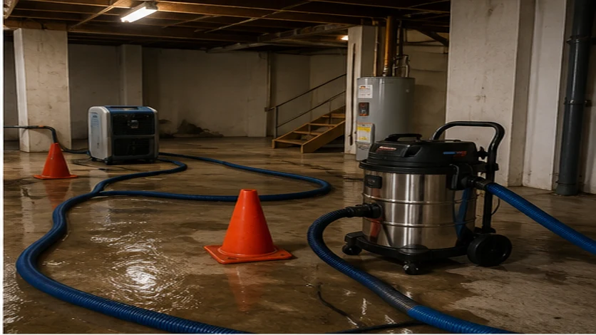 Fort Worth sewage cleanup containment scene with extraction equipment and controlled access