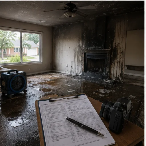 Arlington fire damage restoration documentation with soot and suppression water