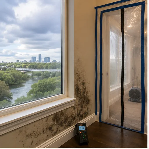 Arlington mold remediation containment with moisture meter near storm-exposed wall