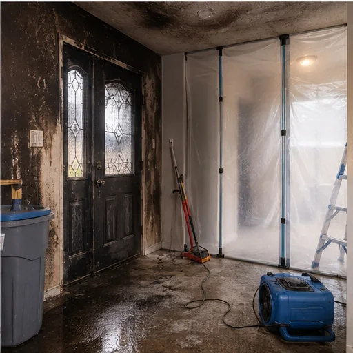 Garland fire damage restoration entry area with temporary containment and soot cleanup tools