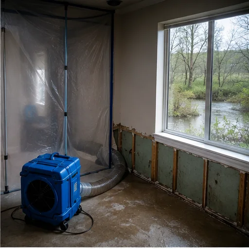 Garland mold remediation containment with air mover near wet drywall