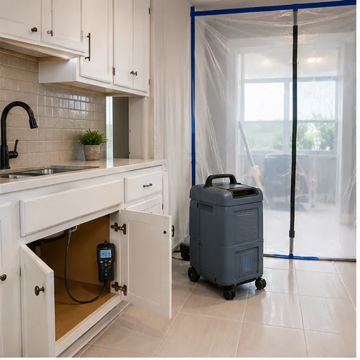 Plano mold remediation cabinet inspection with containment and dehumidifier