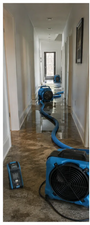 Dallas flood damage restoration hallway with extraction hoses and moisture meter