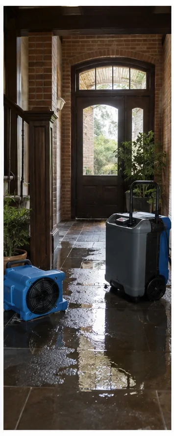 Fort Worth flood damage restoration entry with drying equipment on wet tile