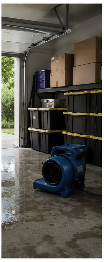 Garland flood damage restoration garage with contents elevated above wet floor