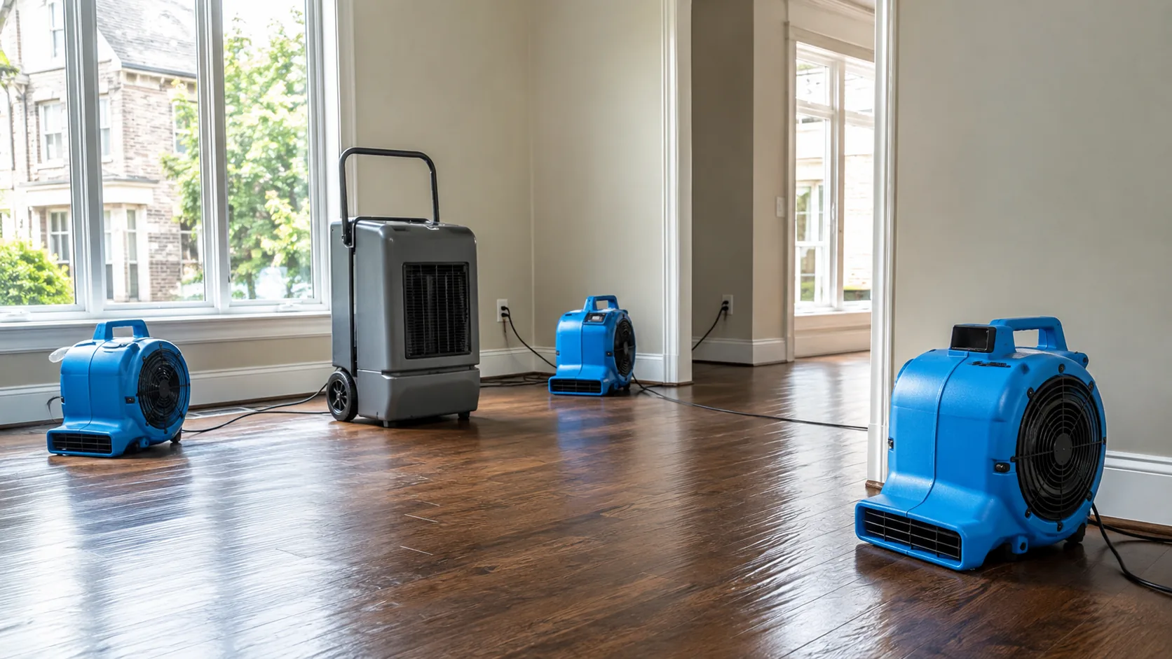 Codex-generated editorial illustration of water damage drying equipment for Dallas, Texas properties