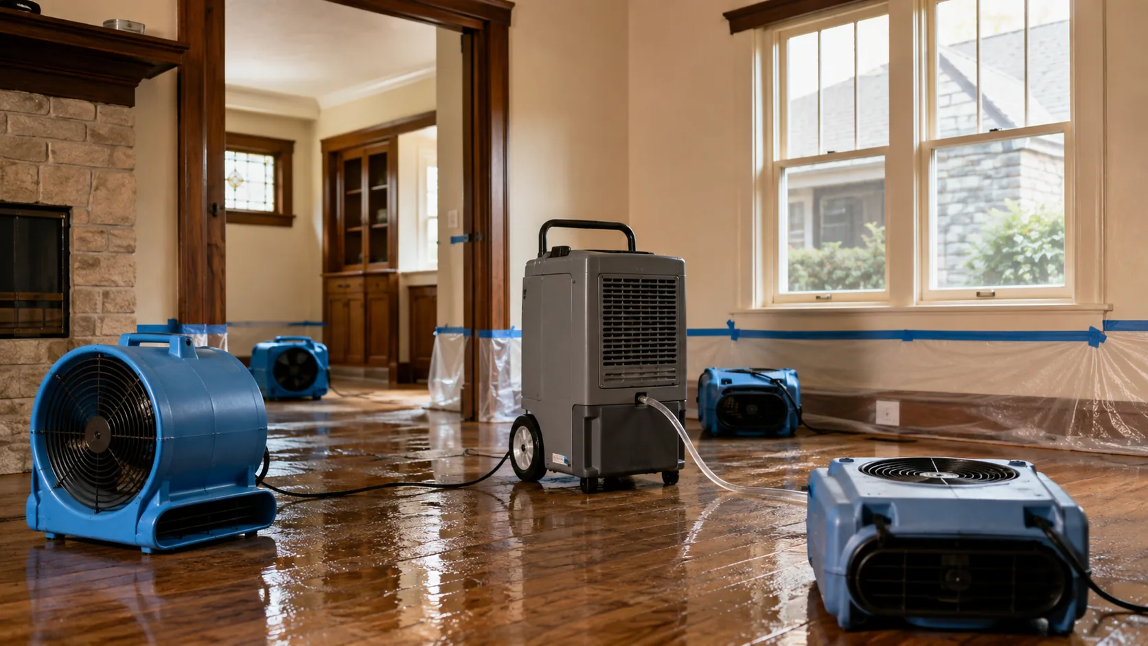 Codex-generated editorial illustration of water damage drying equipment for Fort Worth, Texas properties